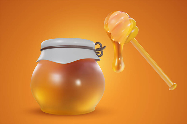 ベクトル現実的な面白いスタイルの3D漫画のガラスの蜂蜜瓶。かわいいアートの要素。傾向のあるプラスチックや光沢のある粘土の設計オブジェクト。ミニマルな背景に甘いカラフルなイラスト. - ベクター画像