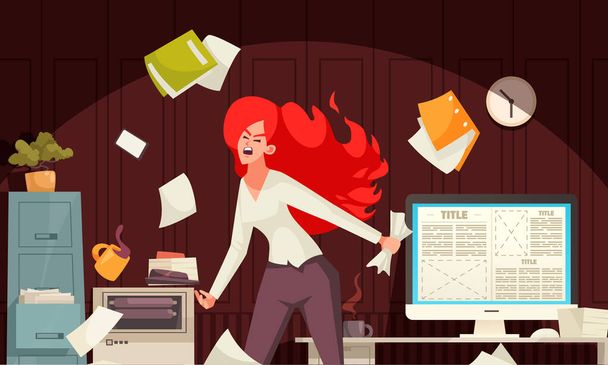 Kancelářský stres kreslený koncept s mladou ženou křičící vektorové ilustrace - Vektor, obrázek