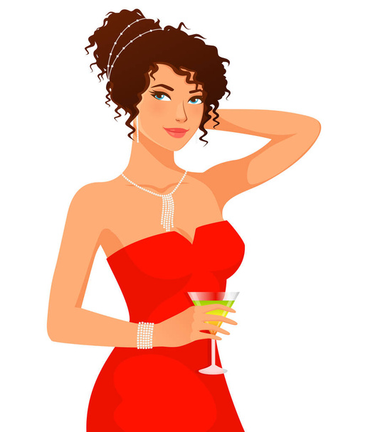 atrakcyjna młoda kobieta w luksusowej czerwonej sukience i diamentowej biżuterii, trzymająca drinka koktajlowego. Piękna dziewczyna w czerwonej sukni wieczorowej, uczestnicząca w przyjęciu. Odizolowane na biało. - Wektor, obraz