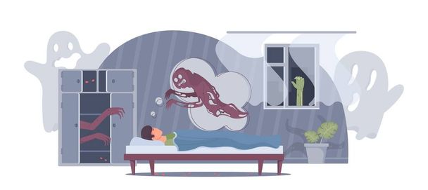 Человеку снятся кошмары с монстрами и призраками на плоской векторной иллюстрации спальни - Вектор,изображение