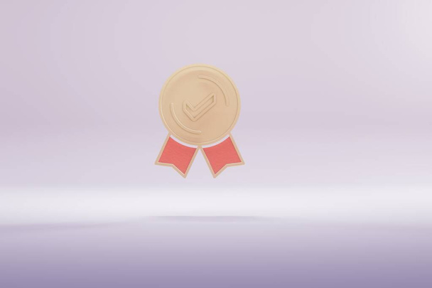 Schöne Illustration Golden Check mark Badge Symbol Symbole auf einem leuchtend rosa Hintergrund. 3D-Darstellung. Hintergrundmuster für Design. - Foto, Bild