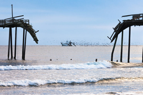 Połowy włokami rybackimi, a następnie duże stado mew na plaży z rozbitą drewnianą konstrukcją pomostu rybackiego, Outer Banks, OBX, Karolina Północna, NC, amerykańskie wybrzeże Atlantyku - Zdjęcie, obraz