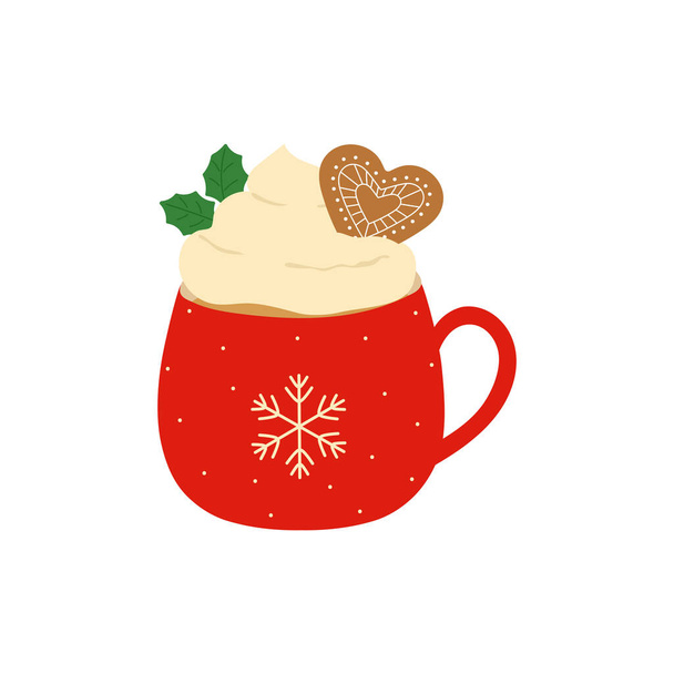 Red cup of hot chocolate with whipped cream and gingerbread cookie. Template for cozy winter design. - Вектор, зображення