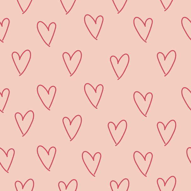 Abstract seamless pattern with red hearts on pink background. Hand drawn doodle style - ベクター画像