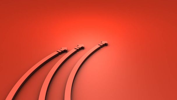 Three curved arrows pointing to the right. A metaphor for right leaning. hot red background. 3D rendering. concept illustration. - Photo, Image