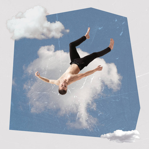 Contemporary art collage. Creative design. Young shirtless man in pants falling down the sky. Flight of inspiration. Concept of inner world, dreams, feelings, surrealism, think. Abstract art - Zdjęcie, obraz