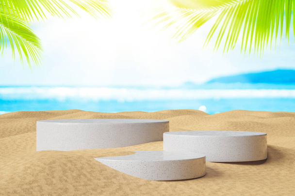 3d palkintokorokkeella kopio tilaa tuotteen näyttö esittely palmu ranta abstrakti tausta. Trooppinen kesä ja loma käsite. Graafisen taiteen suunnittelu. - Valokuva, kuva