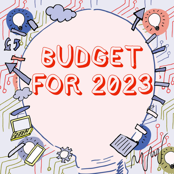 Tekst bijschrift Begroting 2023, Bedrijfsconcept Een schriftelijke raming van inkomsten en uitgaven voor 2023 - Foto, afbeelding