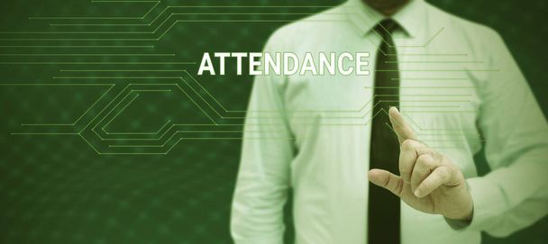 Text caption presenting Attendance, Business overview Going regularly Being present at place or event Number of people - Photo, Image