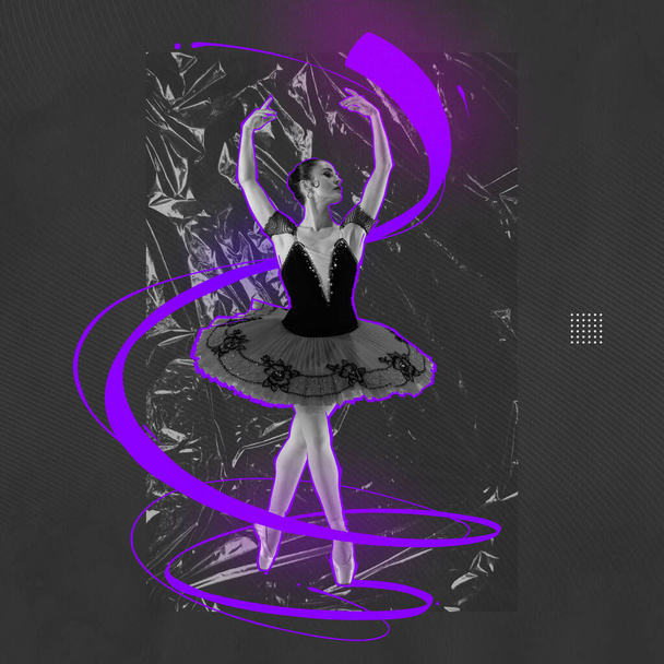 Creative poster with portrait of graceful ballet dancer in stage costume in motion over grey background with crumpled plastic cellophane effect. Concept of modern art, beauty, fashion and dance - Photo, image