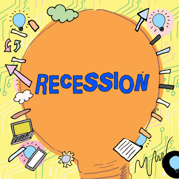 Koncepcionális megjelenítés Recesszió, Word A növekedés fokozatos csökkenésének folyamatáról írt, csökkentési időszak - Fotó, kép