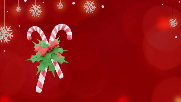 3D illusztráció Karácsonyi háttér piros háttér cukorka bottal és hópelyhek másolási hely - Fotó, kép