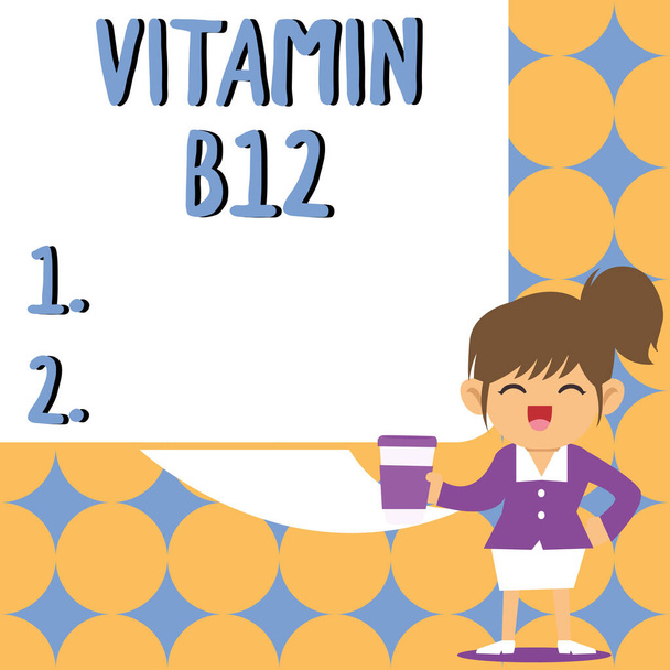 Exibição conceitual Vitamina B12, Palavra Escrita em Grupo de substâncias essenciais para o funcionamento de certas enzimas - Foto, Imagem