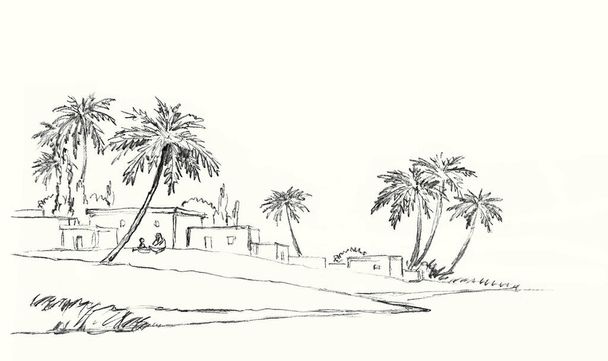 Middle islam age orient oasis plant land wooden park hill road path pond beach artist scene view Black line hand drawn retro art sketch wild Galilee sea mount travel light summer sunset sky text space - Photo, Image
