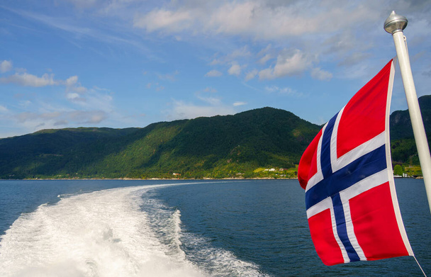Vue imprenable sur Hardangerfjord en Norvège avec drapeau nordique  - Photo, image