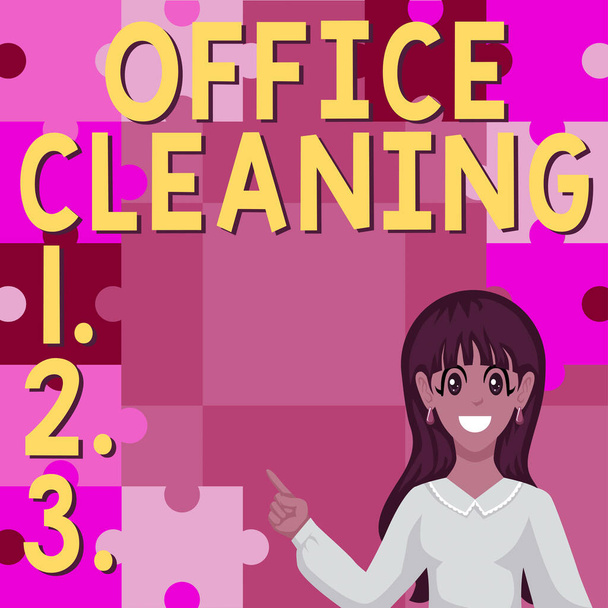 Текст, що показує натхнення Офісне прибирання, бізнес ідея дія або процес прибирання внутрішньої частини офісної будівлі
 - Фото, зображення