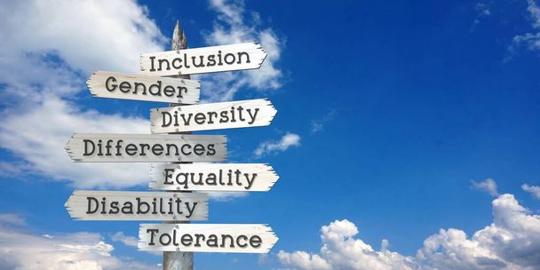 Изоляция, пол, разнообразие, различия, равенство, инвалидность, терпимость - деревянный указатель со многими стрелками - Фото, изображение