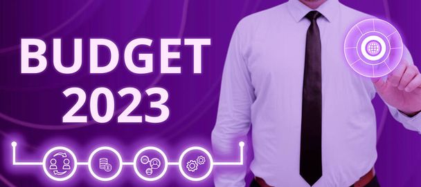 Tekst bijschrift met begroting 2023, Business showcase schatting van inkomsten en uitgaven voor volgend of lopend jaar - Foto, afbeelding