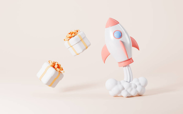 Rocket porte le cadeau sur le fond jaune, Shopping en ligne et logistique rapide et concept de livraison, rendu 3D. Dessin numérique. - Photo, image