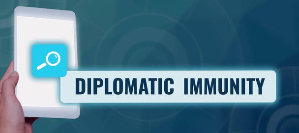 Affichage conceptuel Immunité diplomatique, droit commercial qui accorde aux diplomates étrangers des droits spéciaux dans le pays où ils travaillent - Photo, image