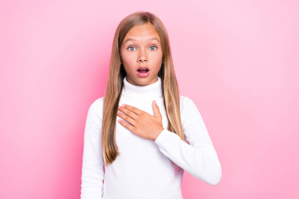 Portrait of speechless shocked girl hand touch chest open mouth isolated on pink color background. - Fotó, kép