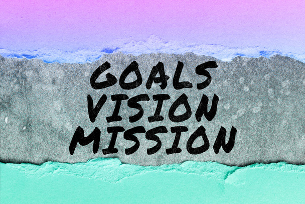 Texte manuscrit Buts Vision Mission, Concept signifiant processus de planification pratique utilisé pour aider le groupe communautaire - Photo, image