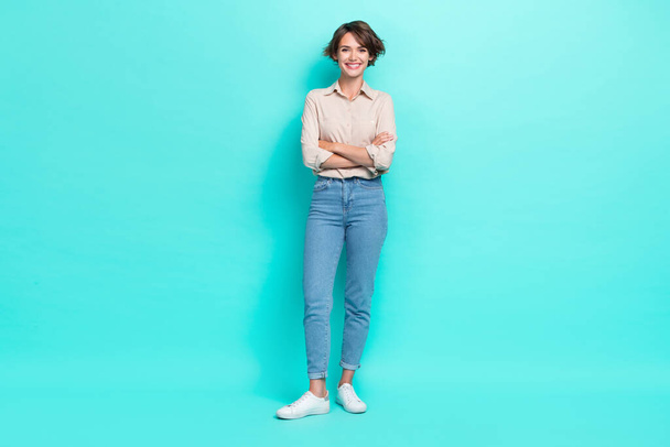 Full length photo of optimistic successful lady office manager wear fashionable comfort outfit good mood isolated on cyan color background. - Φωτογραφία, εικόνα
