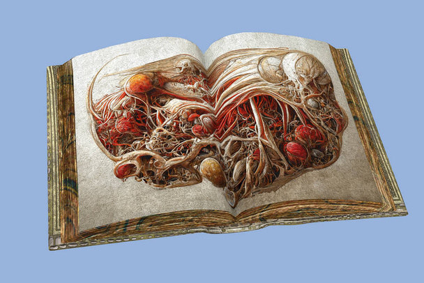 Libro antiguo abierto con dibujos médicos de anatomía abstracta, ilustración 3D - Foto, Imagen
