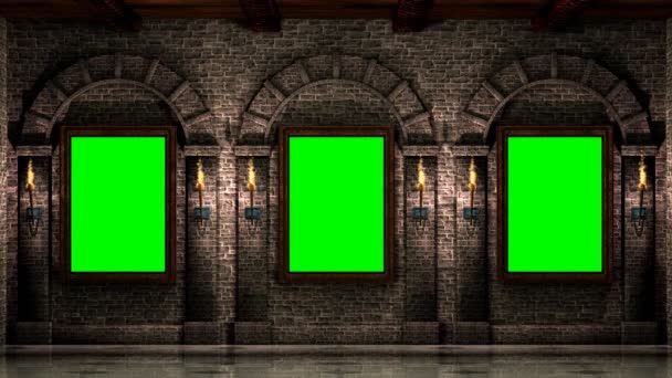 Houten frames op stenen muur met fakkels en groene scherm lus animatie. - Video
