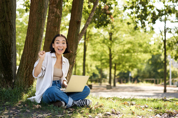 Πορτρέτο της ασιατικής νεαρής γυναίκας, φοιτητής κάνει την εργασία, εργάζεται στο πάρκο, κάθεται δίπλα δέντρο με φορητό υπολογιστή και δείχνει εντάξει σημάδι, εγκρίνει smth. - Φωτογραφία, εικόνα