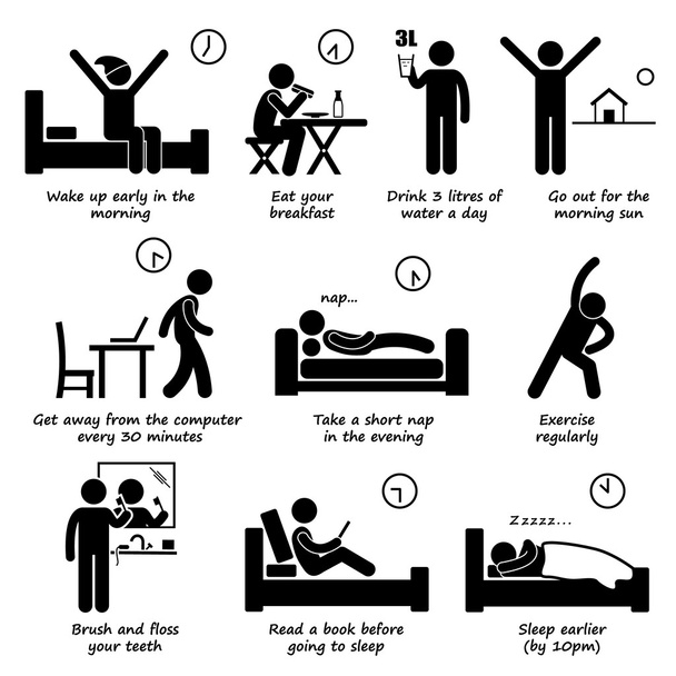 Healthy Lifestyles Daily Routine Tips Stick Figure Pictogram Icons - Vector, Image