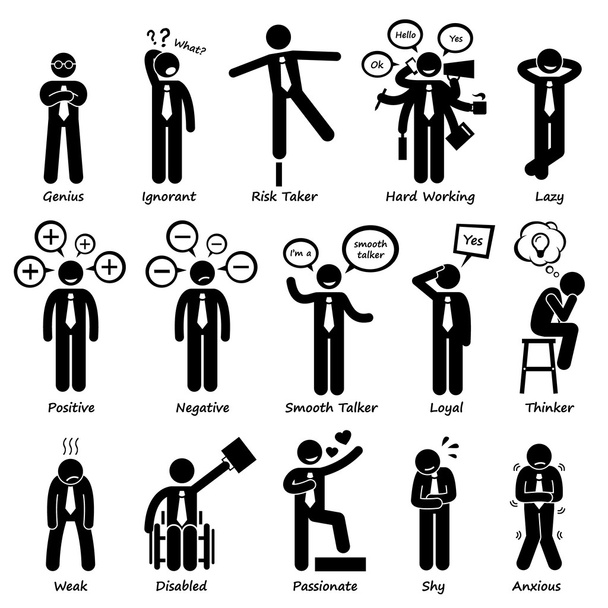 Biznesmen postawa osobowości znaków Stick Figure piktogram ikony - Wektor, obraz