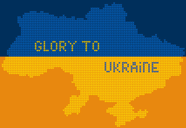 Texturizado mapa geográfico ucraniano feito de textura de tricô e teste Glória à Ucrânia em cores bandeira ucraniana vetor - Vetor, Imagem