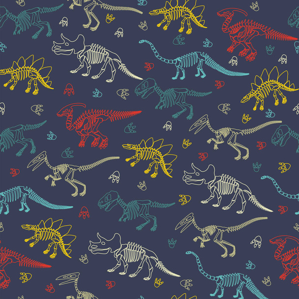 Seamless vector pattern with dinosaur skeleton. Original design with dinosaurs for children. Print for T-shirts, textiles, wrapping papers, webb. - Vektör, Görsel