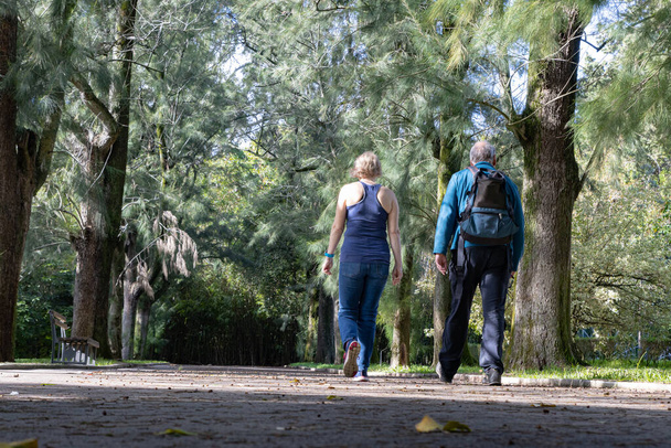 Starsza para sportowa spaceruje po parku ścieżką spacerową. Środek strzału - Zdjęcie, obraz