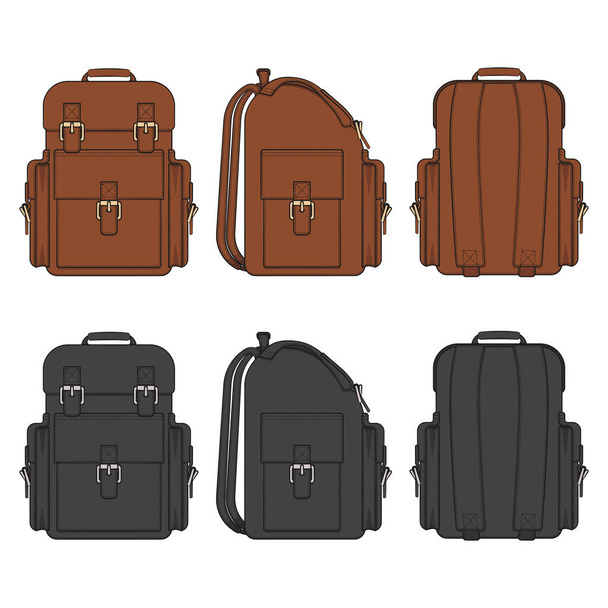 Set of color illustrations with a leather backpack. Isolated vector objects on white. - Vettoriali, immagini