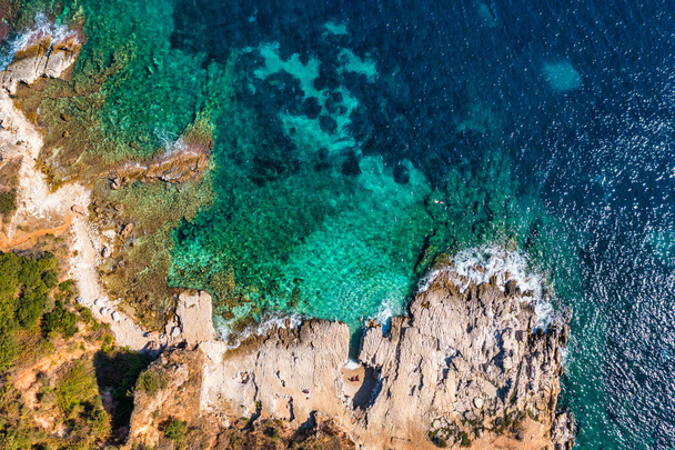 Aerial drone view north east coast with Kanoni, Mpataria and Pipitos beach, Island of Corfu, Greece. Mpataria, Kanoni and Pipitos beach at Corfu Greece during the day.  - Fotoğraf, Görsel