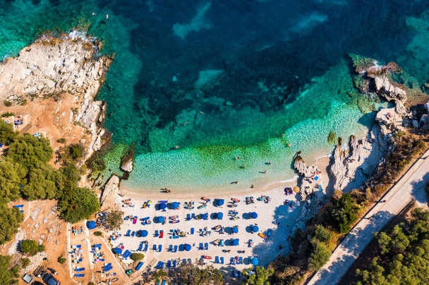 Aerial drone view north east coast with Kanoni, Mpataria and Pipitos beach, Island of Corfu, Greece. Mpataria, Kanoni and Pipitos beach at Corfu Greece during the day.  - Fotografie, Obrázek