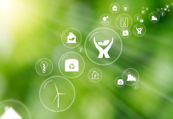 Groene onscherpe achtergrond met zonnestralen en meerdere pictogrammen in drijvende bellen als symbool van bescherming van milieu en natuur. Concept van duurzame ecologie en koolstofneutrale lucht. - Foto, afbeelding