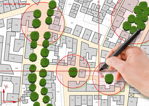 Sčítání jednodolarových, skupinových nebo řadových stromů ve městech - koncept zeleného managementu a mapování stromů s imaginární mapou města se zvýrazněnými stromy  - Fotografie, Obrázek