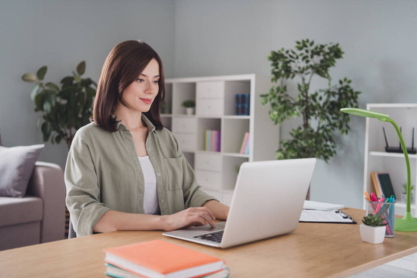 Portrait of smart recruiter lady use wireless netbook coworking write email modern office indoors. - Fotó, kép