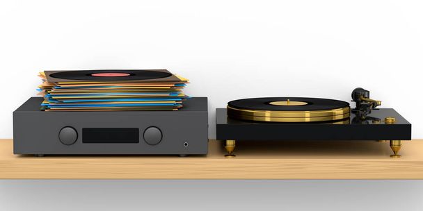 HiFi system with turntable and amplifier for home theater on white background. 3d render concept for listening music - 写真・画像