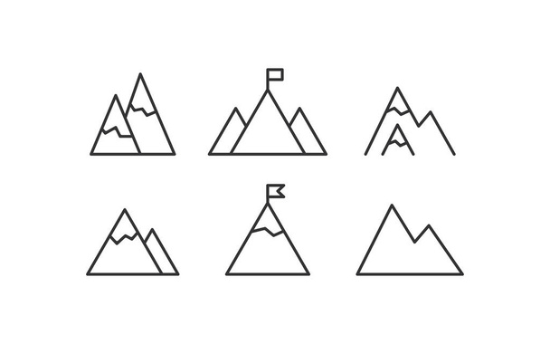 Montañas conjunto de iconos de línea. Símbolo de ilustración de colina y bandera. Signo victoria vector plano. - Vector, imagen