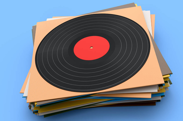 Black vinyl LP record with heap of covers isolated on blue background. 3d render of musical long play album disc 33 rpm - Zdjęcie, obraz