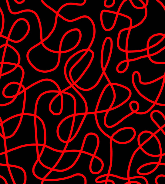 Abstract doodle drawing with red lines on a black background.Seamless pattern. - Photo, image
