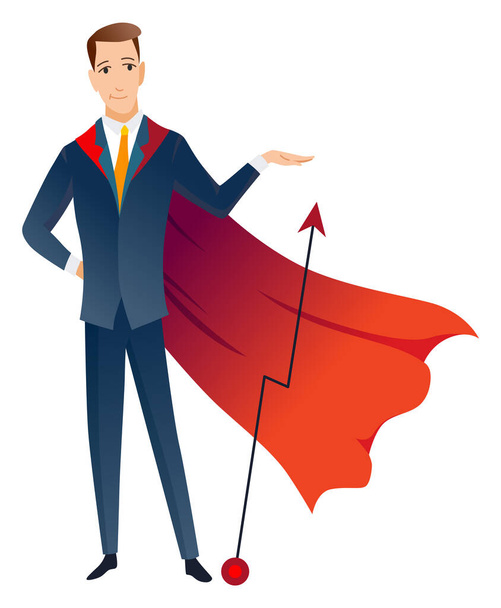 Businessman superhero character. Office worker or manager in costume and red fluttering cloak cape. Cartoon powerful man in spectacular action pose superhero. Vector isolated on white background. - ベクター画像
