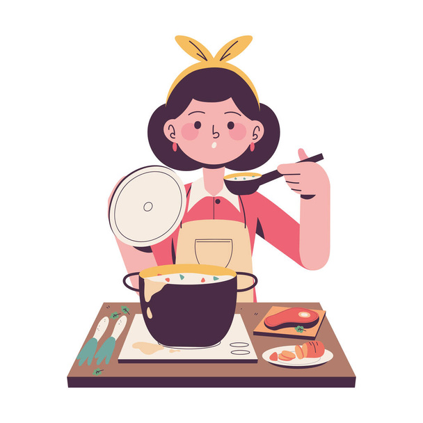 スープのアイコンを調理する女性は - ベクター画像