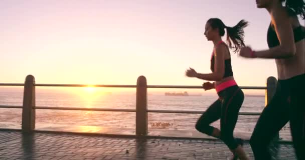 Fitness, bieganie i kobiety nad oceanem o zachodzie słońca na ćwiczenia, trening maratonowy i trening latem. Motywacja, sport i dziewczyny przyjaciele biegają razem na wellness, zdrowie i cardio na promenadzie. - Materiał filmowy, wideo