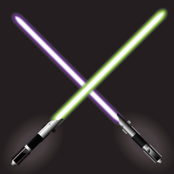 Crossed lightsabers. Science fiction laser beam, Energy swords with Metal effect colours. Futuristic science fiction energy weapons, laser sword for design projects. Design elements for projects. Isolated on vector dark background. - Vector, imagen