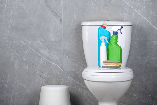Cleaning supplies on toilet bowl in bathroom, space for text - Fotoğraf, Görsel